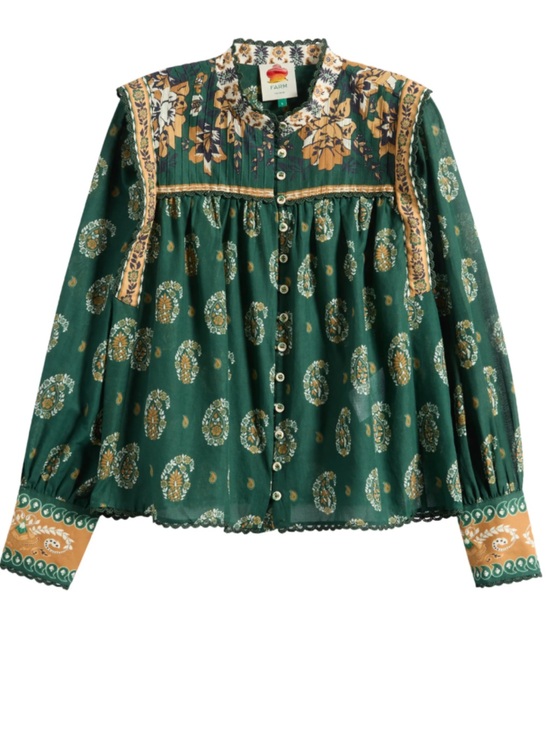 FARM Rio Tops - FARM RIO 
Green Tayla Lace Buttoned Puff Sleeve Blouse